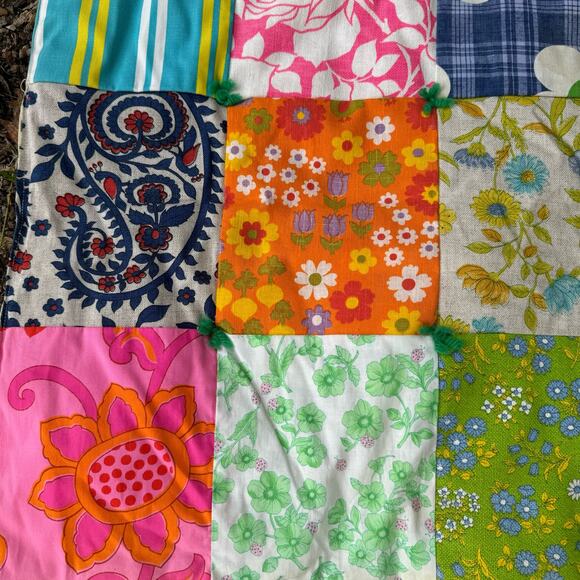 Funky boho Granny Patchwork Quilt Lap Blanket 35x41" Flowers Green Pink orange - Picture 7 of 10